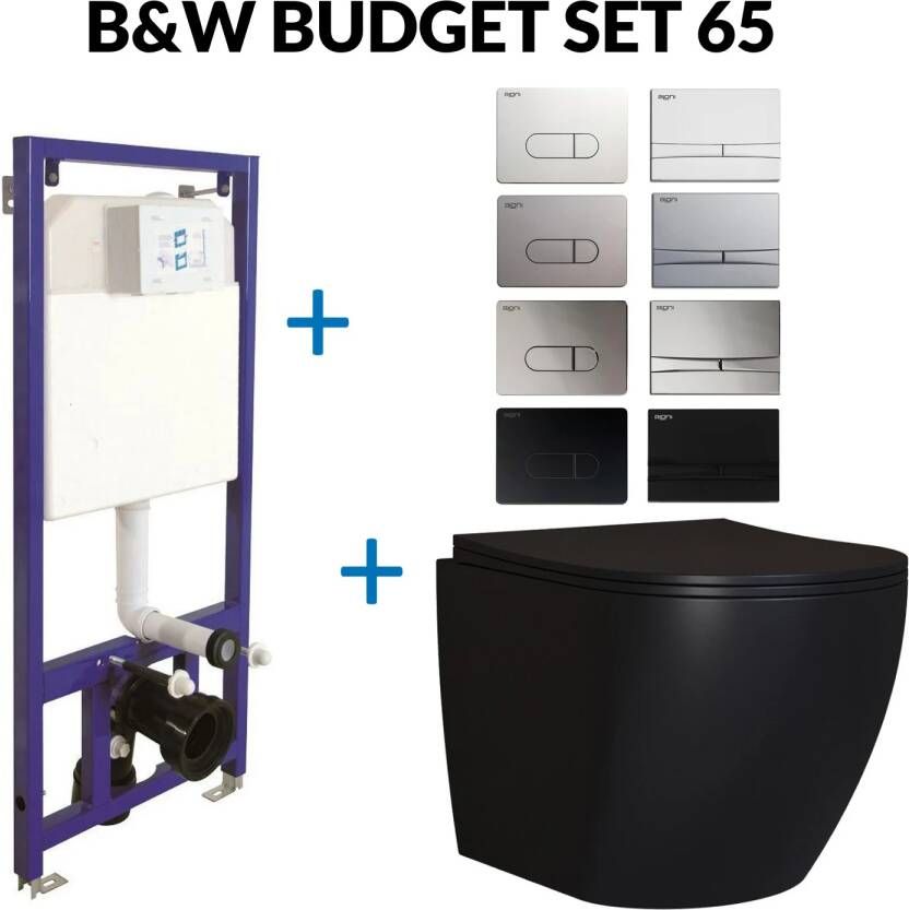 BWS Toiletset Budget 65 Mudo Mat zwart Met B&W Drukplaat