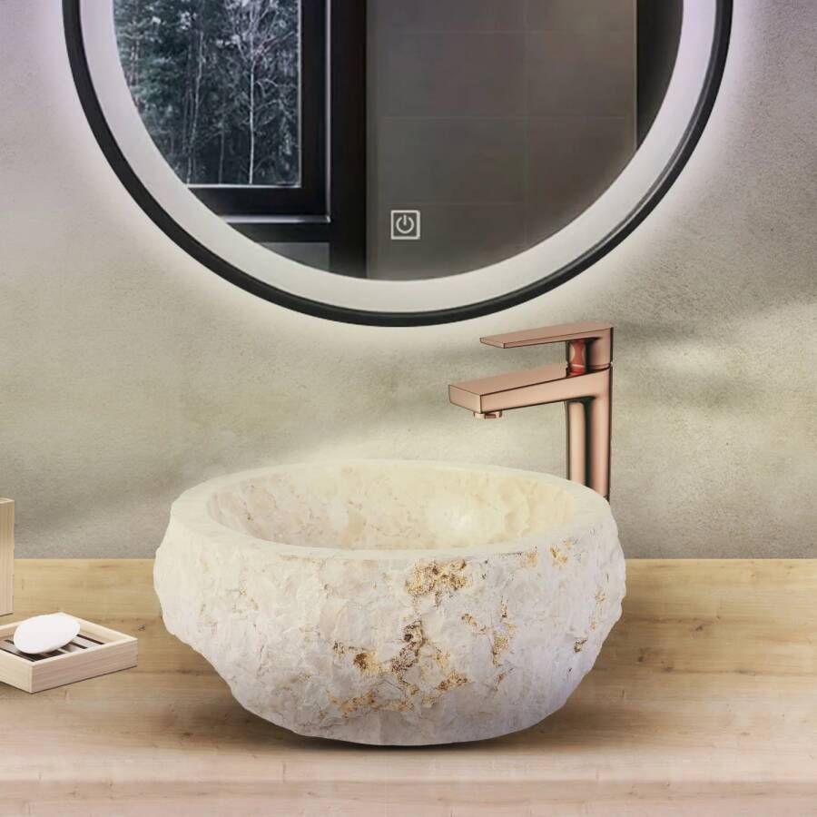 BWS Waskom Stone Rond 30-35x30-35x15 cm Natuurmarmer Creme