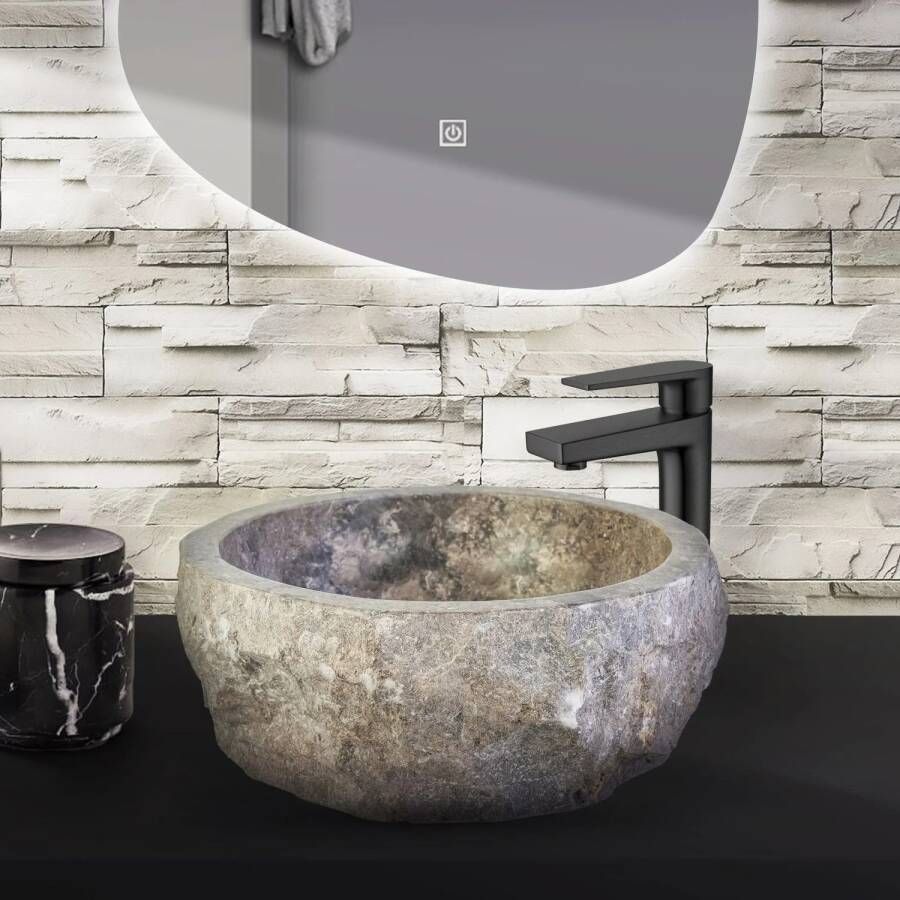 BWS Waskom Stone Rond 30-35x30-35x15 cm Natuurmarmer Grijs