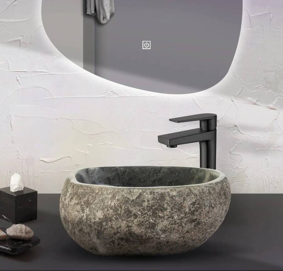 BWS Waskom Stone Rond 35x15x12 cm Riviersteen Grijs