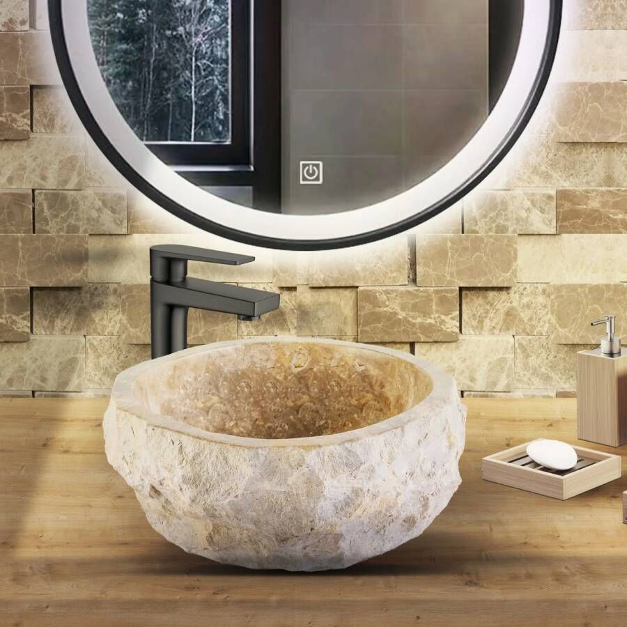 BWS Waskom Stone Rond 35x35x15 cm Met Gepolijste Binnenzijde Natuursteen Creme