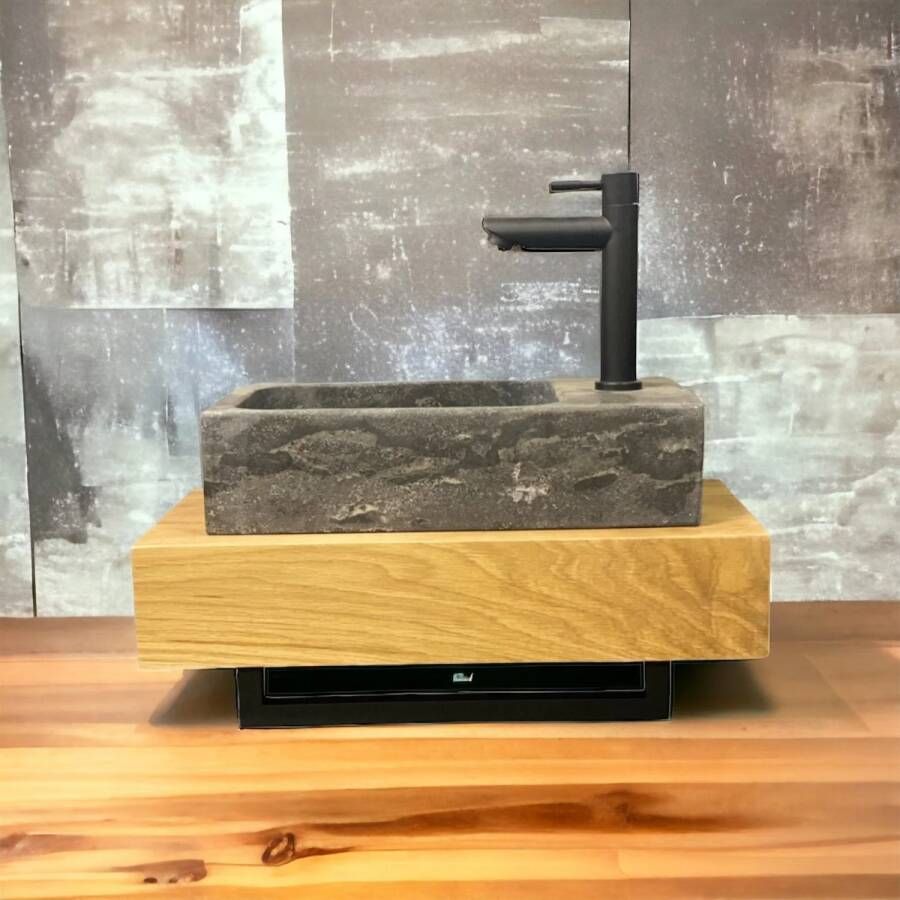 Casajoy Fonteinplank Bold 50x25x10 cm Eiken Met Waskom 40x22 cm Natuursteen Rechthoek