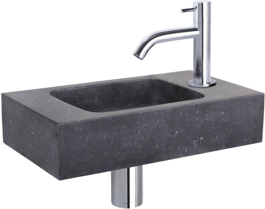 Differnz Force fonteinset 40x22x9cm Rechthoek 1 kraangat Gebogen chromen kraan Natuursteen Zwart 38.400.41
