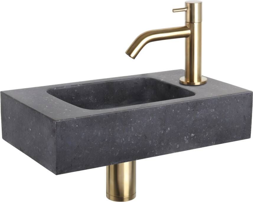 Differnz Force fonteinset 40x22x9cm Rechthoek 1 kraangat Gebogen matte goude kraan Natuursteen Zwart 38.400.46