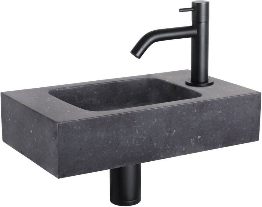 Differnz Fonteinset Force Rechthoek 40x22x9cm Bombai Natuursteen Zwart Gebogen Toiletkraan Clickwaste Sifon Mat Zwart