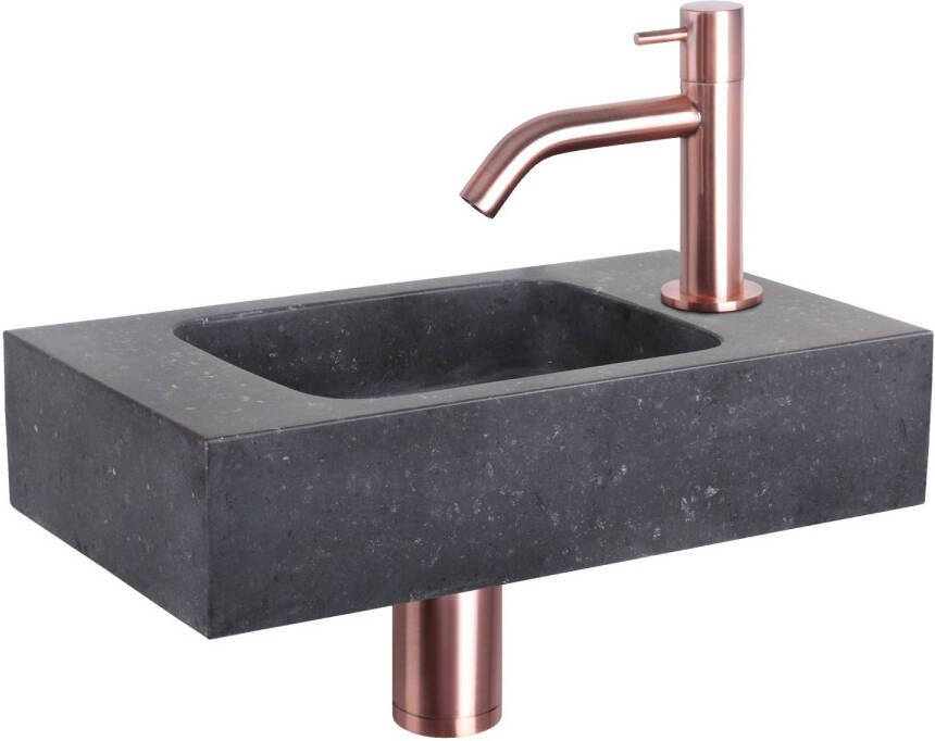 Differnz Force fonteinset 40x22x9cm Rechthoek 1 kraangat Gebogen rose koper kraan Natuursteen Zwart 38.400.43 - Foto 2