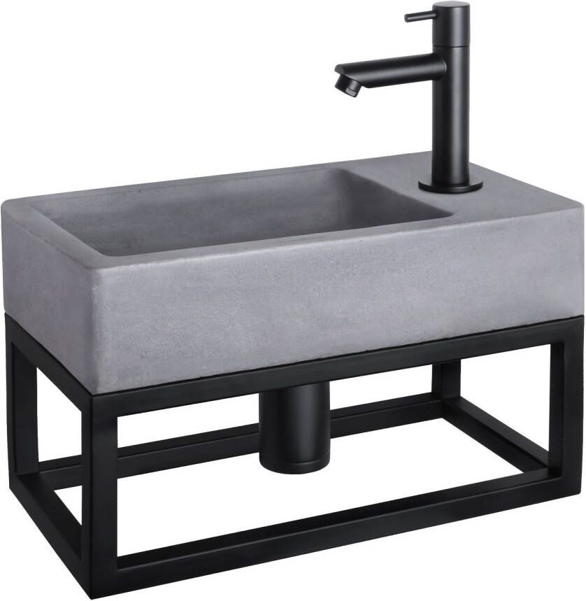 Differnz Force fonteinset 40x22x8cm Rechthoek 1 kraangat Recht matte zwarte kraan met zwart frame Beton Grijs 38.401.69