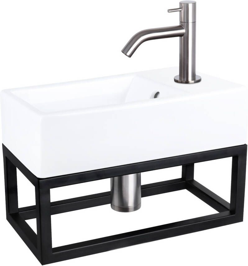 Differnz Force fonteinset 40x22x11.5cm Rechthoek 1 kraangat Gebogen matte chromen kraan met zwart frame Keramiek Wit 38.401.58