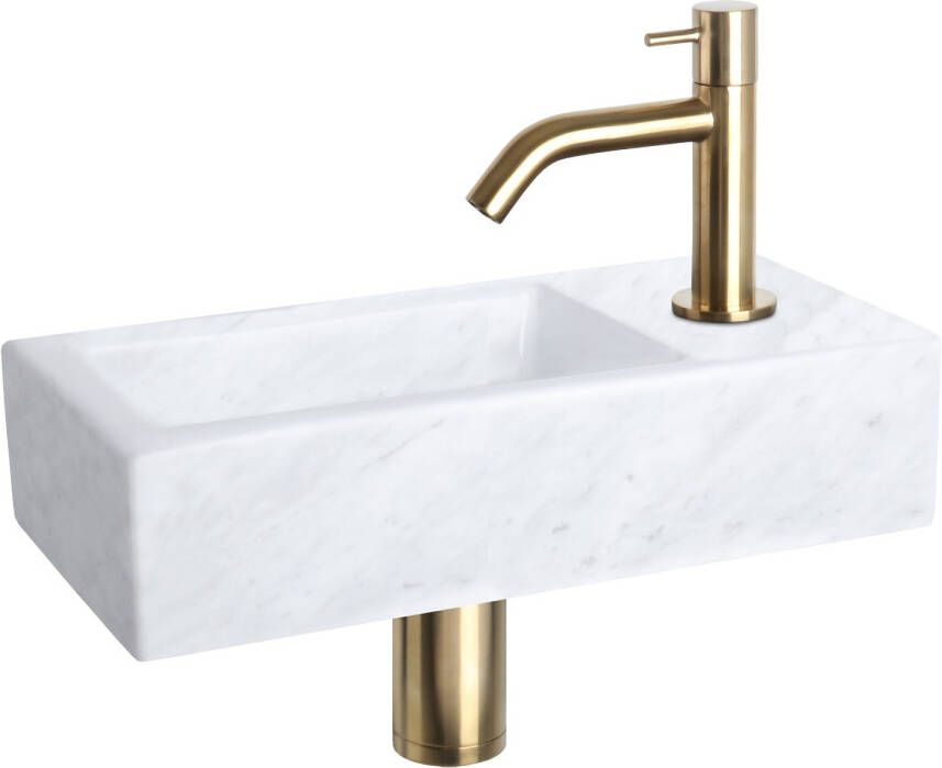 Differnz Helios fonteinset 37.5x18.5x9.5cm Rechthoek 1 kraangat Gebogen matte gouden kraan Mineraalsteen Marmer 38.401.42