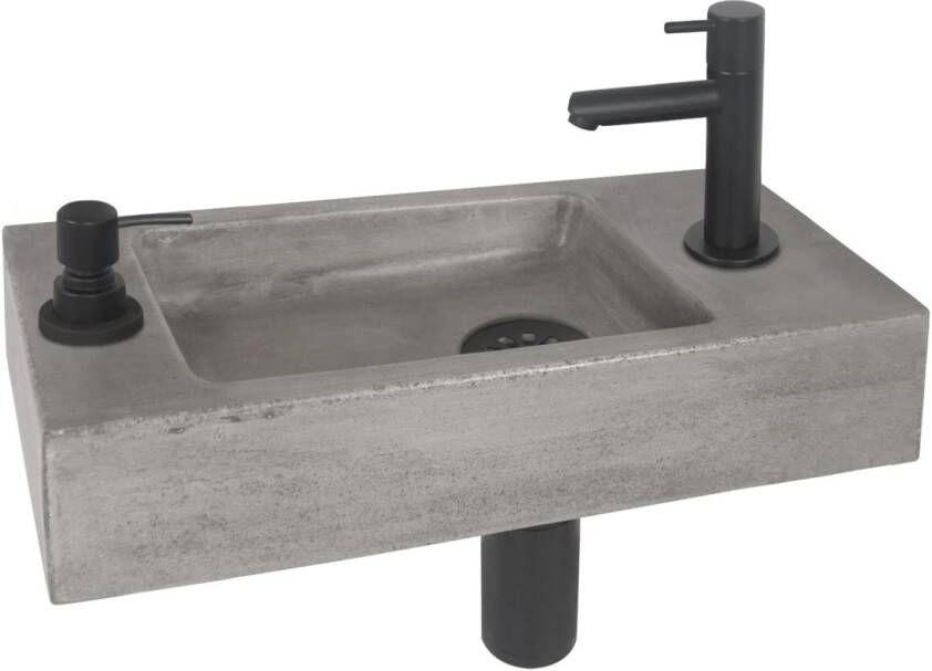 Differnz Fonteinset Jax Rechthoek 42x18.5x9cm Beton Mat Zwart Toiletkraan Sifon Plug met Ingebouwde Zeeppomp - Foto 2
