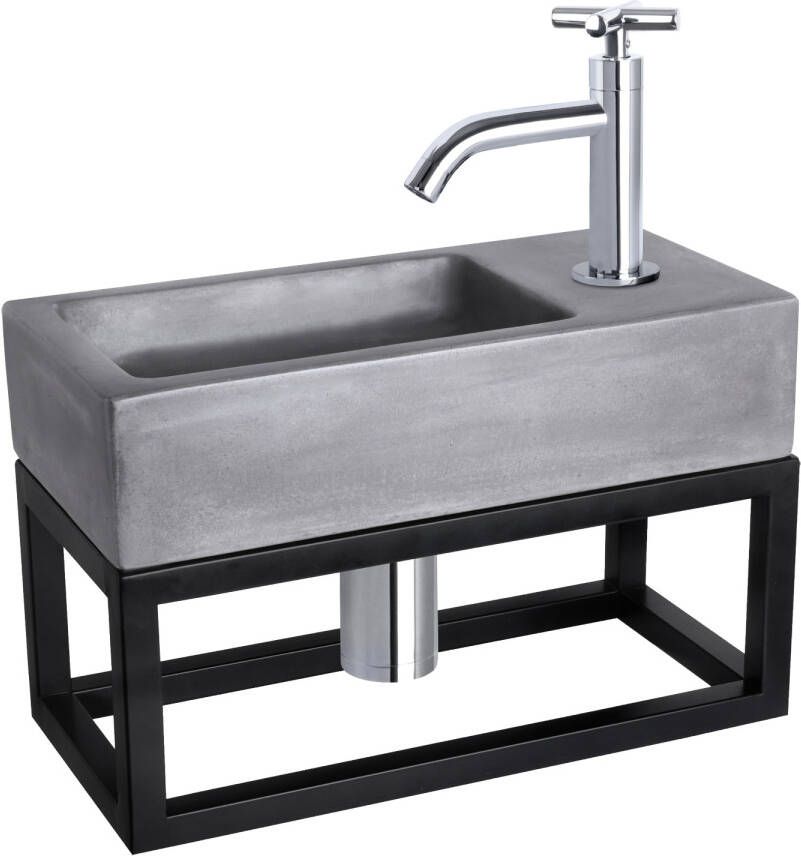 Differnz Ravo fonteinset 38.5x18.5x25cm Rechthoek 1 kraangat Gebogen chromen kraan met zwart frame kruisgreep beton donkergrijs 38.402.10