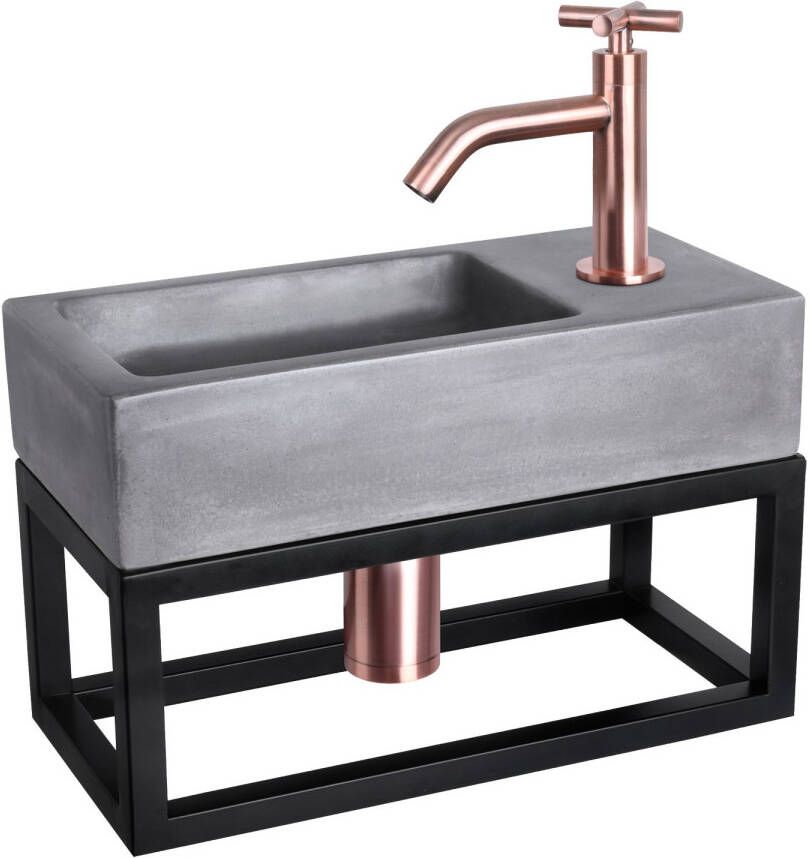 Differnz Ravo fonteinset 38.5x18.5x25cm Rechthoek 1 kraangat Gebogen rose koperen kraan met zwart frame kruisgreep beton donkergrijs 38.402.13