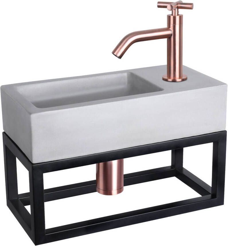 Differnz Ravo fonteinset 38.5x18.5x25cm Rechthoek 1 kraangat Gebogen rose koperen kraan met zwart frame kruisgreep beton lichtgrijs 38.402.01