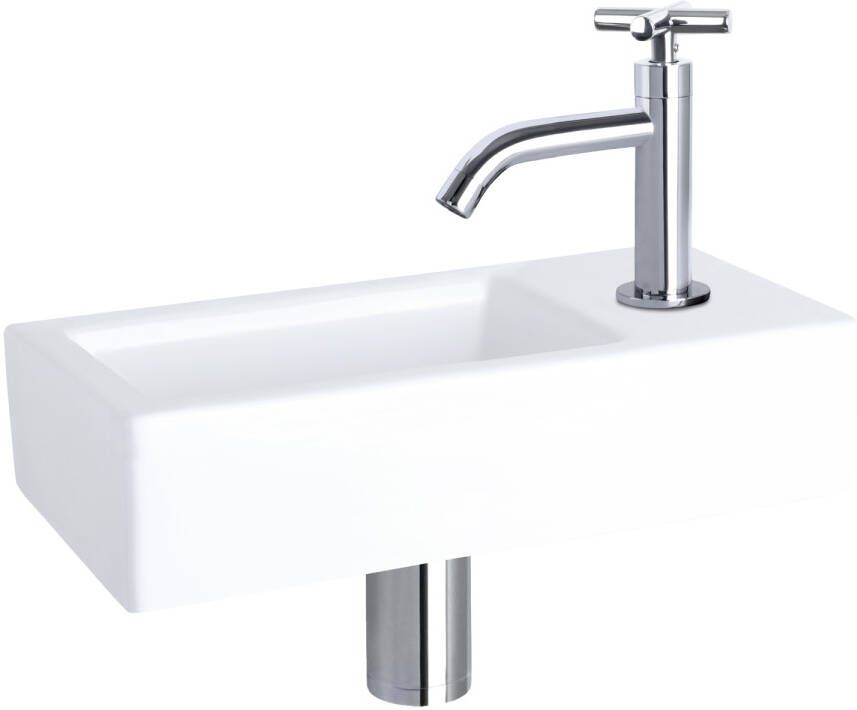 Differnz Ravo fonteinset 38.5x18.5x9.5cm Rechthoek 1 kraangat Gebogen chromen kraan kruisgreep Keramiek Wit 38.400.78