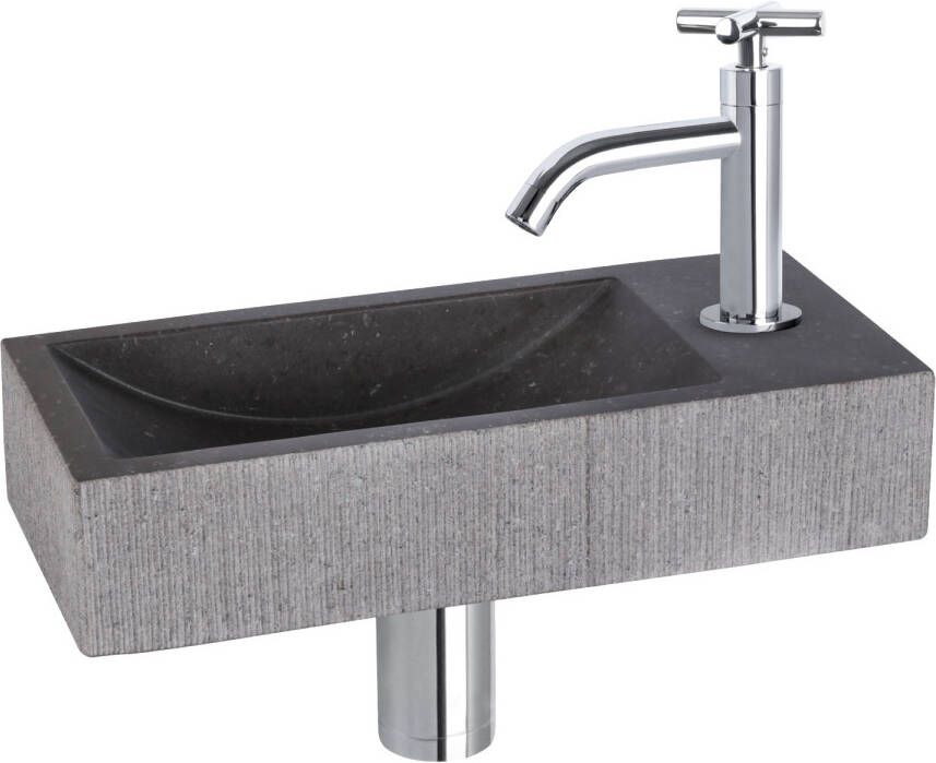 Differnz Ribble fonteinset natuursteen met gebogen kraan met kruishandgreep chroom 38 x 18 x 8 cm bombai black
