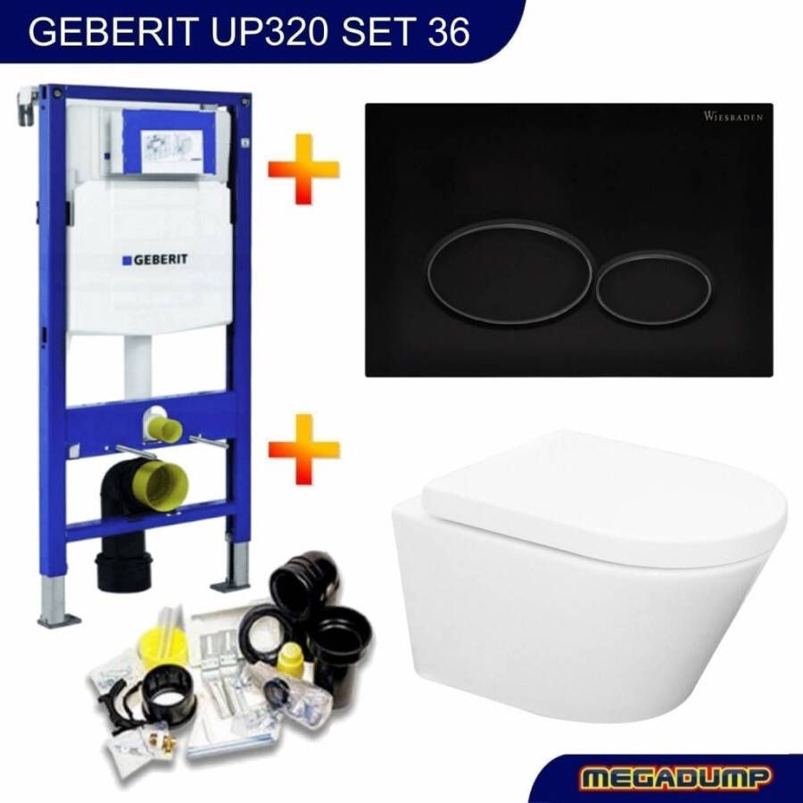 Geberit UP320 Toiletset 36 Aqua Splash Vesta Rimless Met Matzwarte Drukplaat