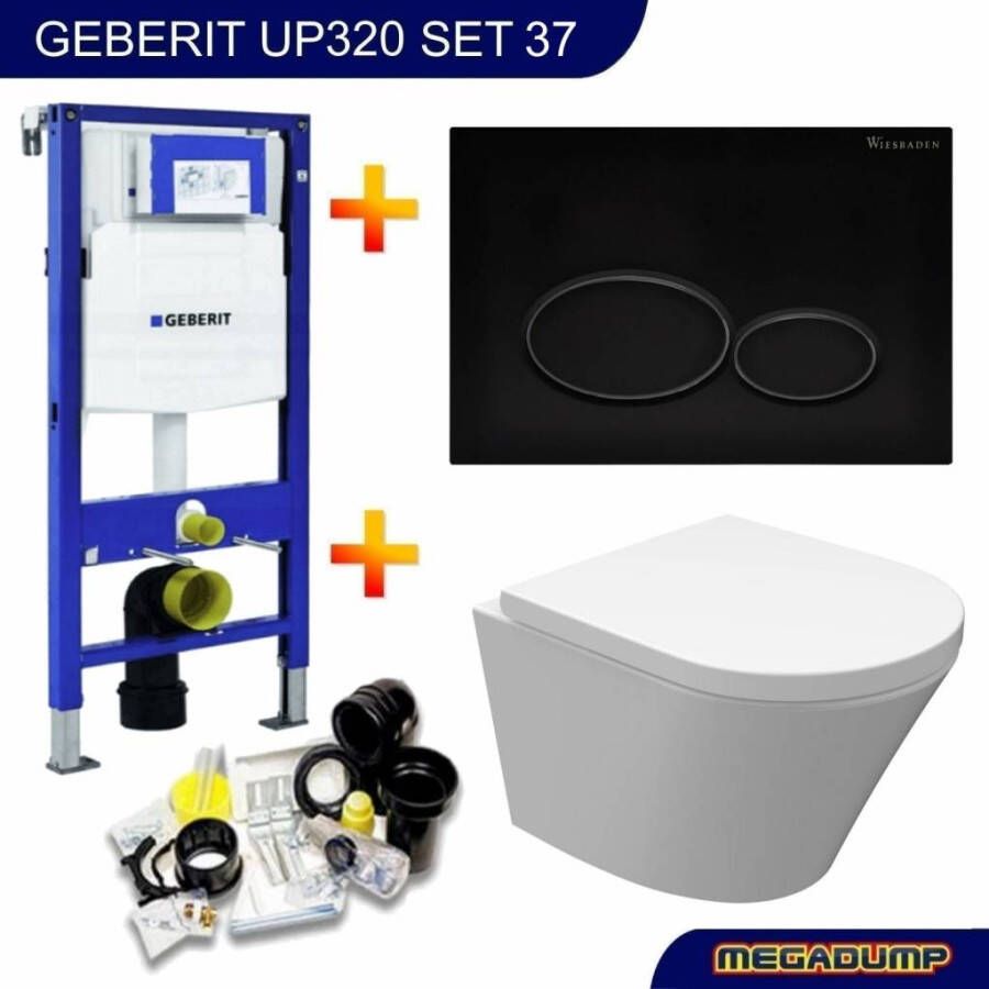 Geberit UP320 Toiletset 37 Aqua Splash Vesta Junior Rimless 47 cm Met Matzwarte Drukplaat