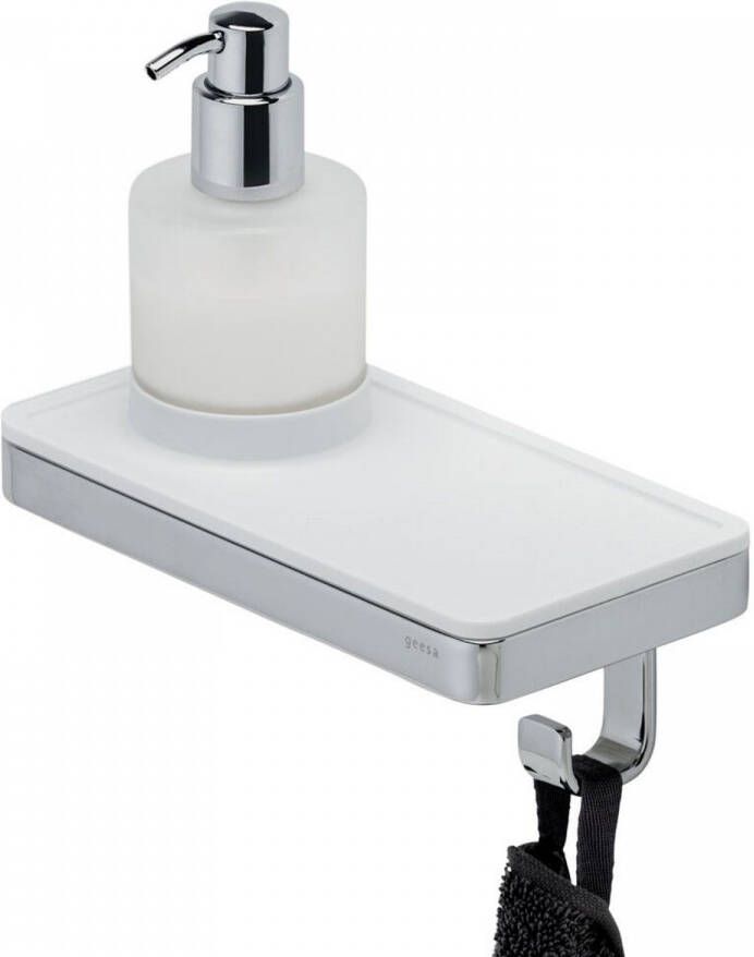 GEESA Frame Zeepdispenser met wit planchet en haak plat staf verchroomd messing 918816-02
