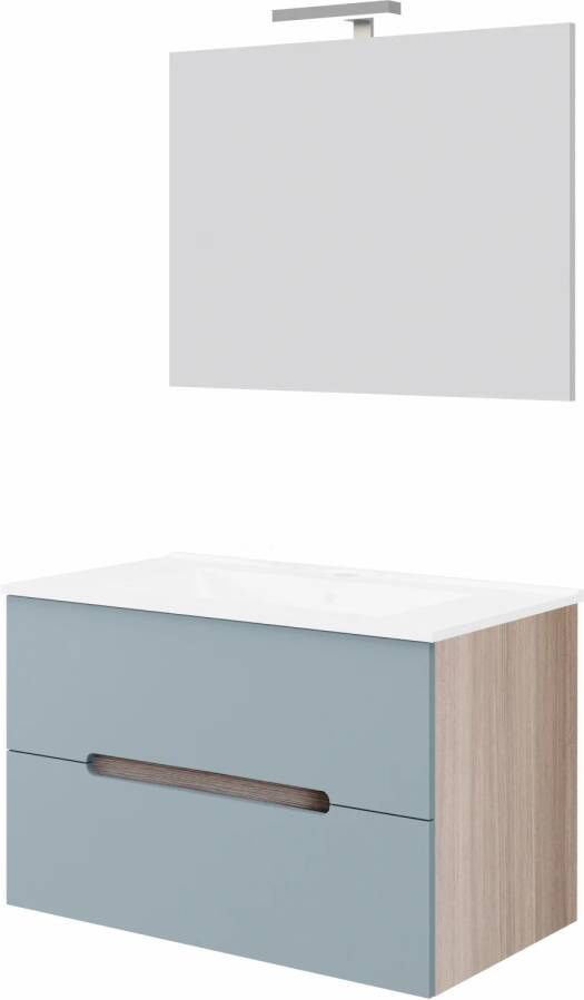 Go by Van Marcke Badkamermeubelset Van Marcke Arco Compleet Set 80 cm Pastelblauw Rook Eiken Met Spiegel