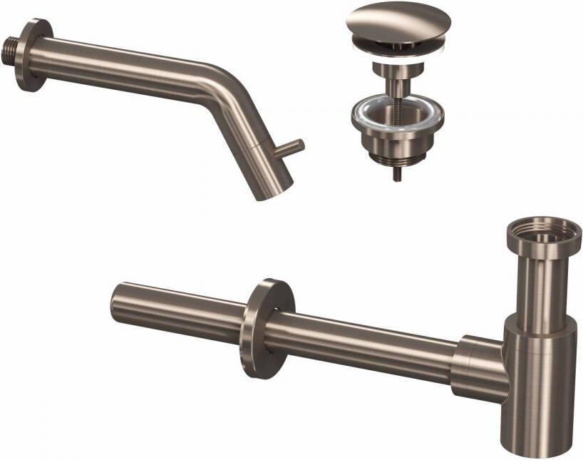 Douche Concurrent Toiletkraan Set Inbouw Muur Rond Koudwaterkraan Geborsteld Nikkel Inkortbaar met Sifon en Always Open Plug