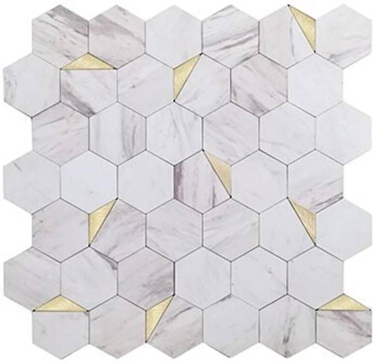 Isodeco Mozaïek Steenstrip Hexagon Zelfklevend 28.0x29.0 cm Goud Wit Marmer