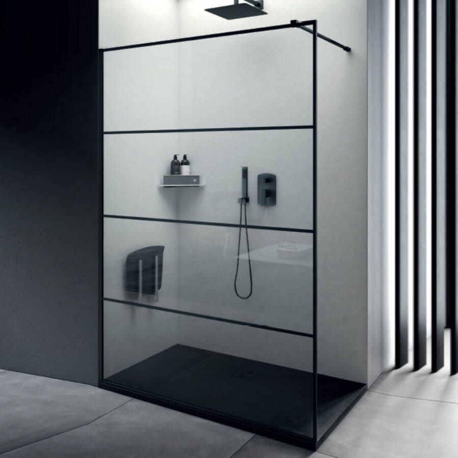 Lacus Inloopdouche Tremiti Wall 110x200 cm Helder Glas Stabilisatiestang Zwart