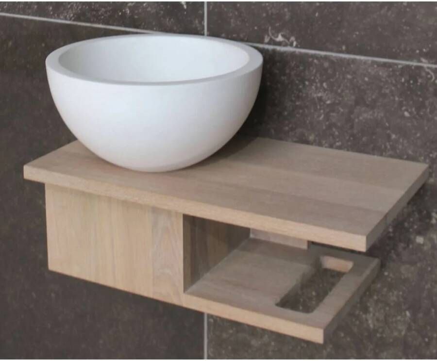 Luca Sanitair Fonteintafel Massief Eiken Met Opzetkom 40X22 cm Glans Of Mat Wit Solid Surface Opzetkom 40x22 cm Mat Wit