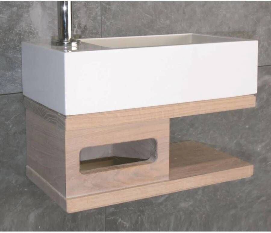 Luca Sanitair Fonteintafel Met Open Schap Massief Eiken 35X18 5 cm Glans Of Mat Wit Solid Surface Zonder Kraangat Mat Wit