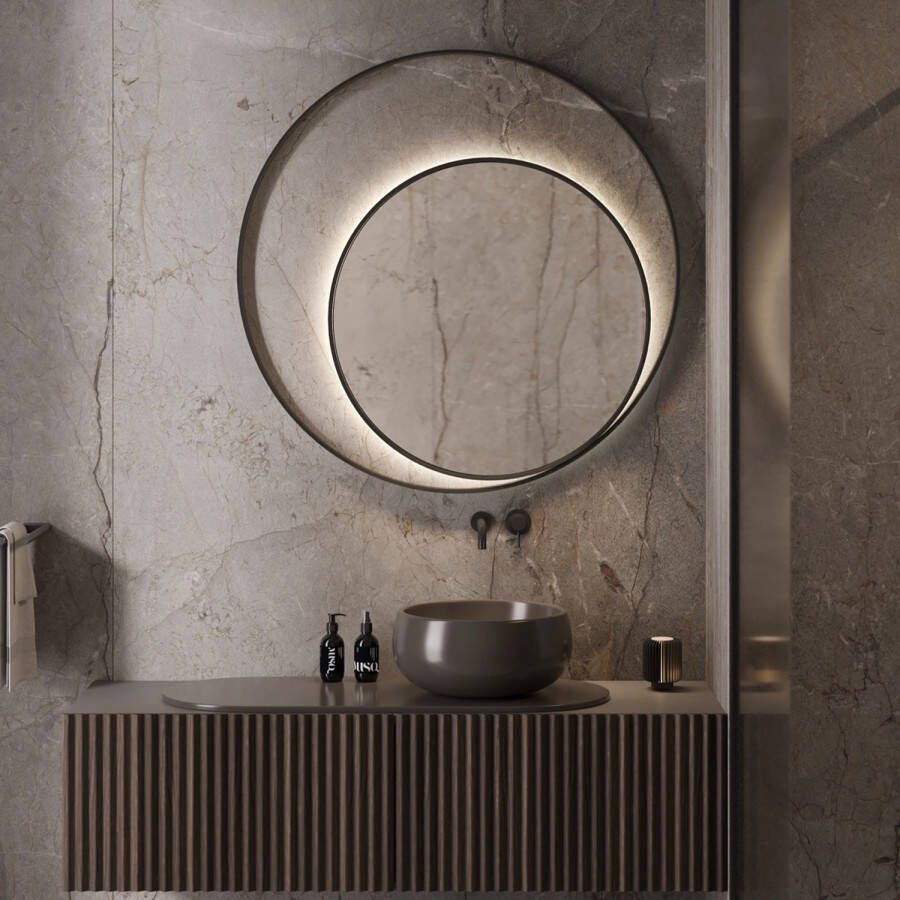 Martens Design Designspiegel Martens & Meijer Athene Rond met Frame en Indirecte LED Verlichting 90 cm Geborsteld Gunmetal