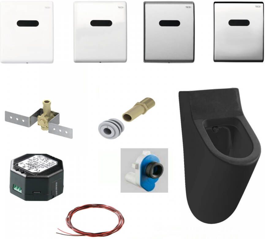 Salenzi Urinoir Set Hung Achterinlaat Mat Zwart met TECE Drukplaat Elektronisch Adaptor Urinoirsetzwart-teceleka
