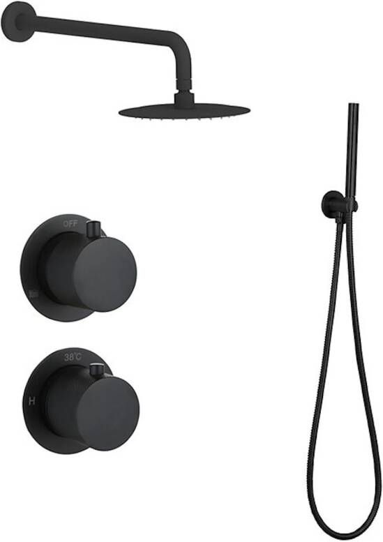 Sanilux Regendoucheset Inbouw Hops Met Box Thermostaat Douchekop 25 cm Met Geribbeld Knop Mat Zwart