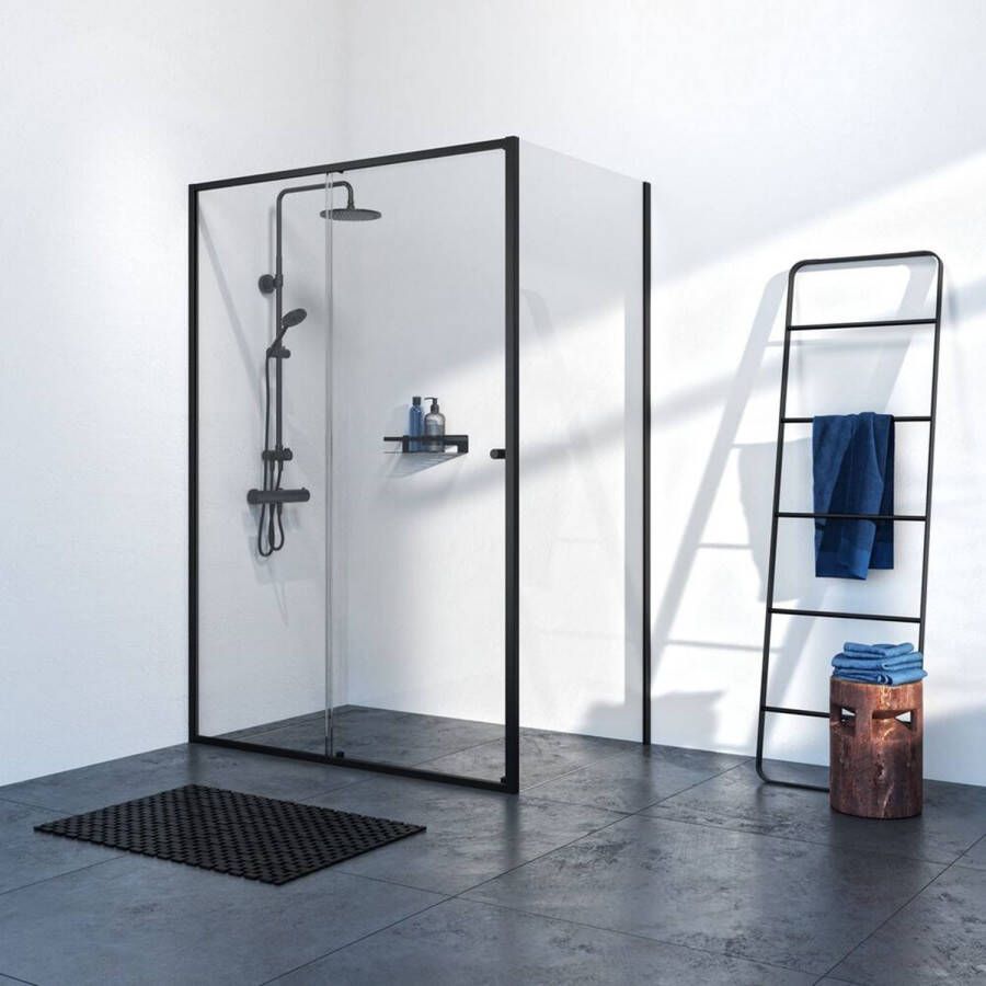 Sealskin Contour schuifdeur met zijwand 140x90 cm 200 cm hoog zwart 6 mm helder veiligheidsglas CCD101496195100