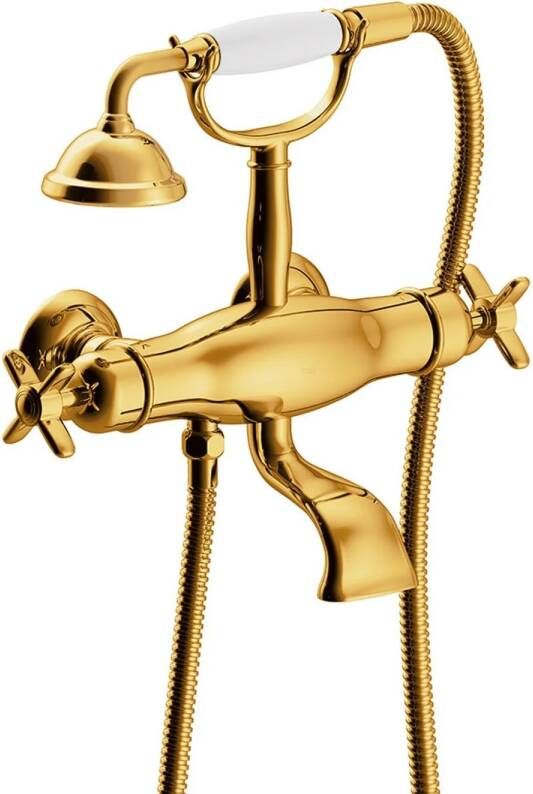 Tres Badkraan Clasic | Opbouw | Thermostaatkraan | Incl.Handdoucheset | 2-weg | hoh 15 cm | 2-knops | Vintage | 24k Goud glans - Foto 2