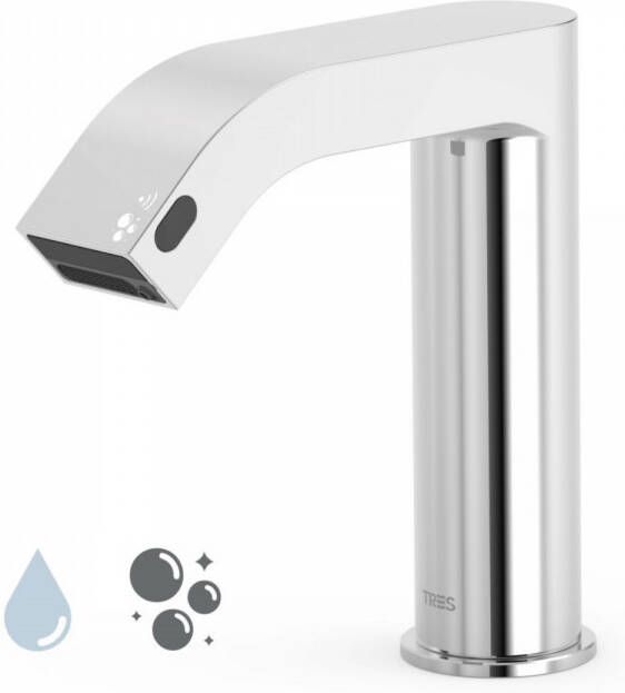 Tres Elektronische Fonteinkraan met Zeepdispenser Tempo Standard Rond met Vierkante Uitloop Chroom