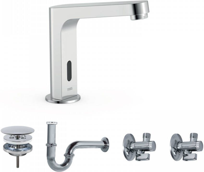 Tres Elektronische Fonteinkraanset Tempo Base Hoekige Kraan 2 Uitgangen Chroom