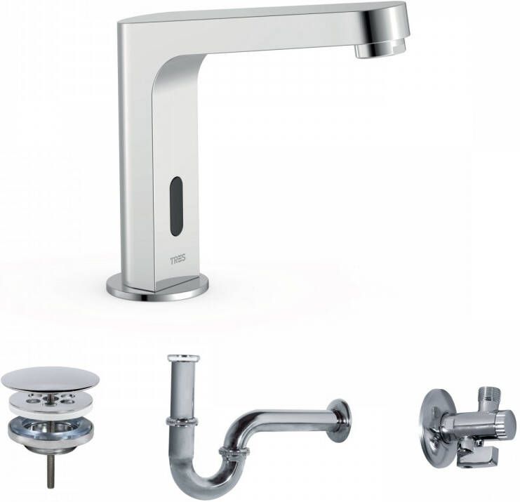 Tres Elektronische Fonteinkraanset Tempo Base Hoekige Kraan Chroom