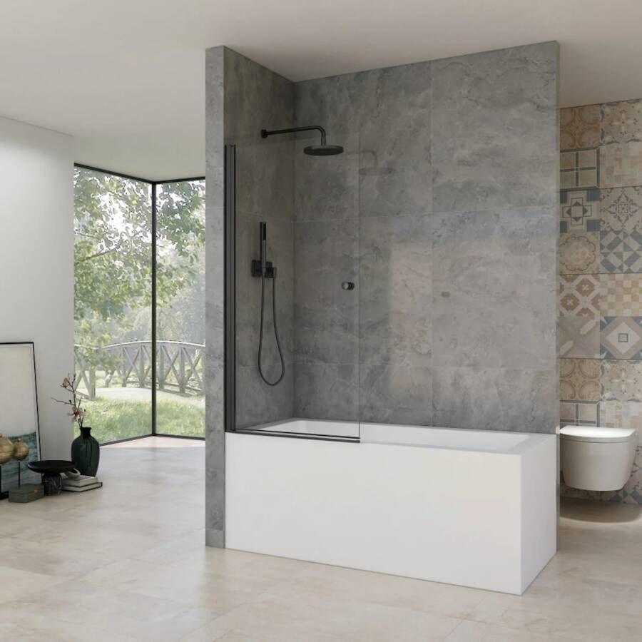 Van Rijn Badwand ST02 Klapwand 80x150 cm Helder Glas 6 mm Zwart
