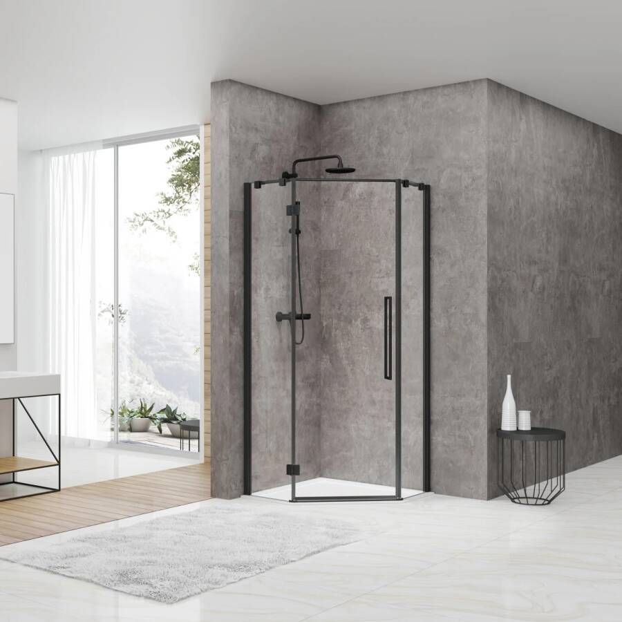 Van Rijn Douchecabine ST05 Vijfhoek 90x200 cm Met Standaard Deur 63.6 cm Helder Glas 8mm Zwart