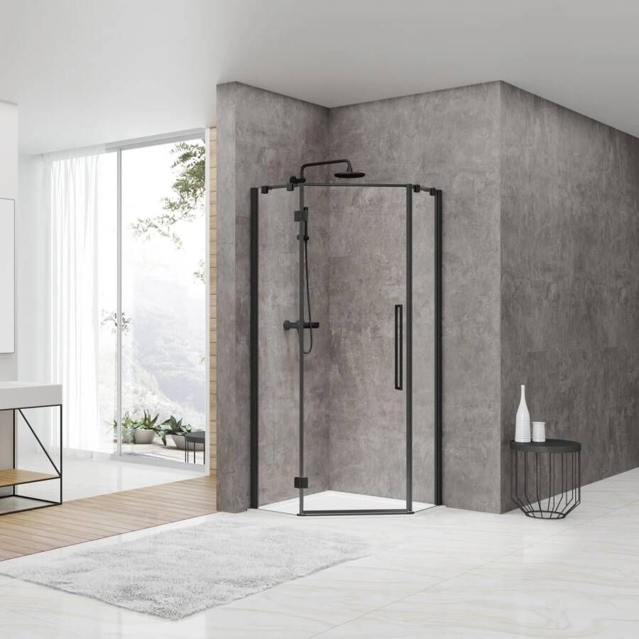 Van Rijn Douchecabine ST05 Vijfhoek 90x200 cm Met Standaard Deur 70.7 cm Helder Glas 8mm Zwart