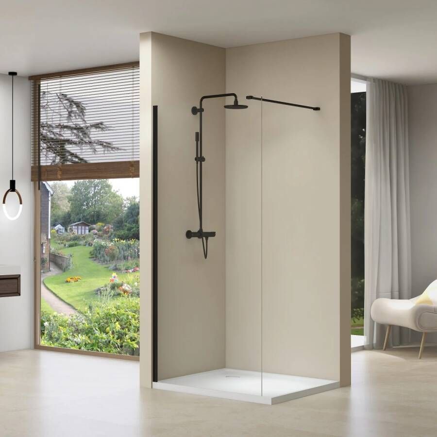Van Rijn Inloopdouche ST01 140x200 cm Helder Glas 8 mm Met Stabilisatiestang Mat Zwart