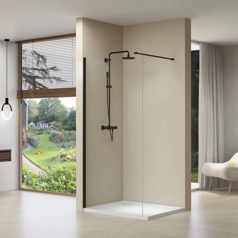 Van Rijn Inloopdouche ST01 80x200 cm Helder Glas 8 mm Met Stabilisatiestang Mat Zwart