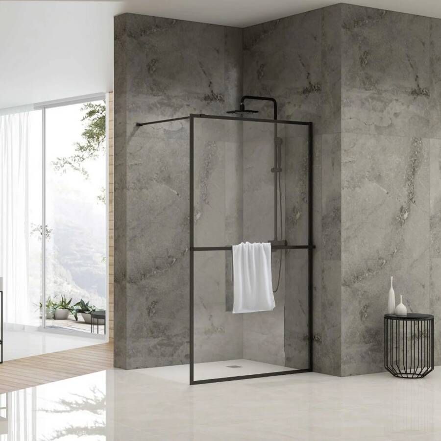 Van Rijn Inloopdouche ST04 Met Handdoekstang 90x200 cm 8 mm Helder Glas Zwart