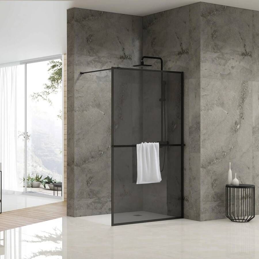 Van Rijn Inloopdouche ST04 Met Handdoekstang 90x200 cm 8 mm Rookglas Zwart