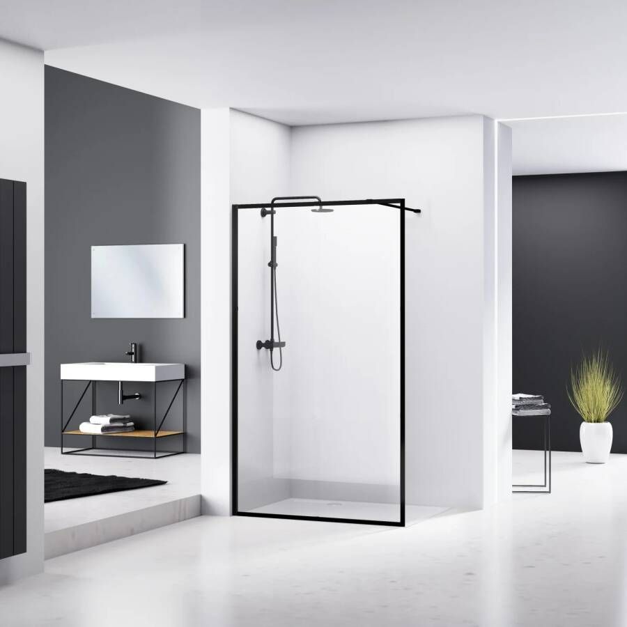 Van Rijn Inloopdouche ST04 Met Stabilisatiestang 90x200 cm 8 mm Helder Glas Zwart