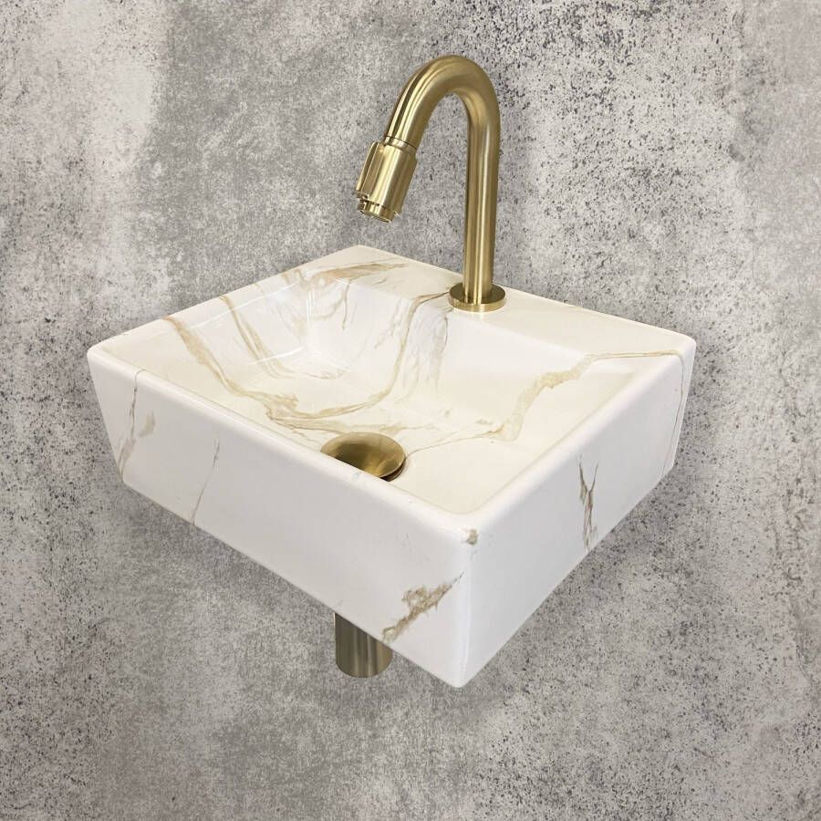 Wiesbaden Fonteinset Leto Rechthoek 33 5x29x11 5cm Keramiek Glans Wit Marmerlook Goud Toiletkraan Victoria Sifon Clickwaste Bevestigingsset