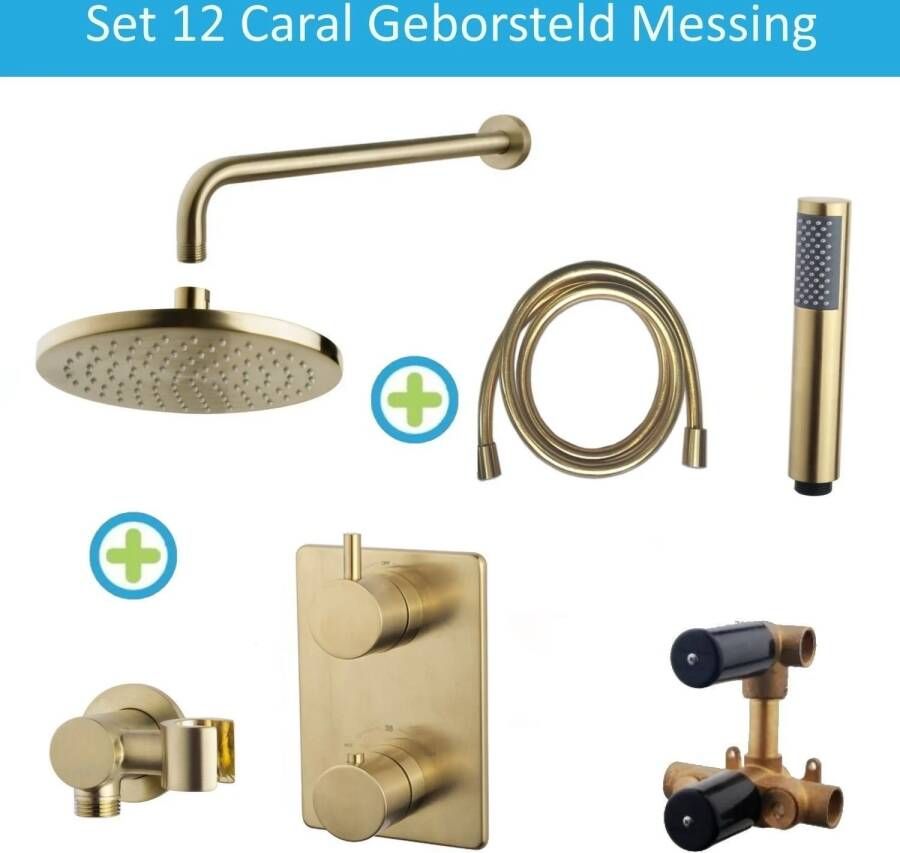 Wiesbaden Inbouw Regendouche Set 12 Caral Muuruitloop Geborsteld Messing Goud