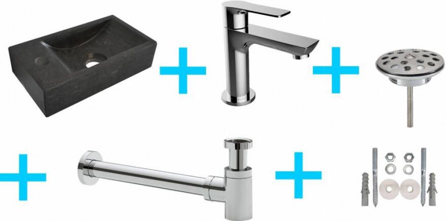 Wiesbaden Fonteinset HS Rechthoek Links 36x18x9cm Hardsteen Antraciet Toiletkraan Sifon Plug Bevestigingsset