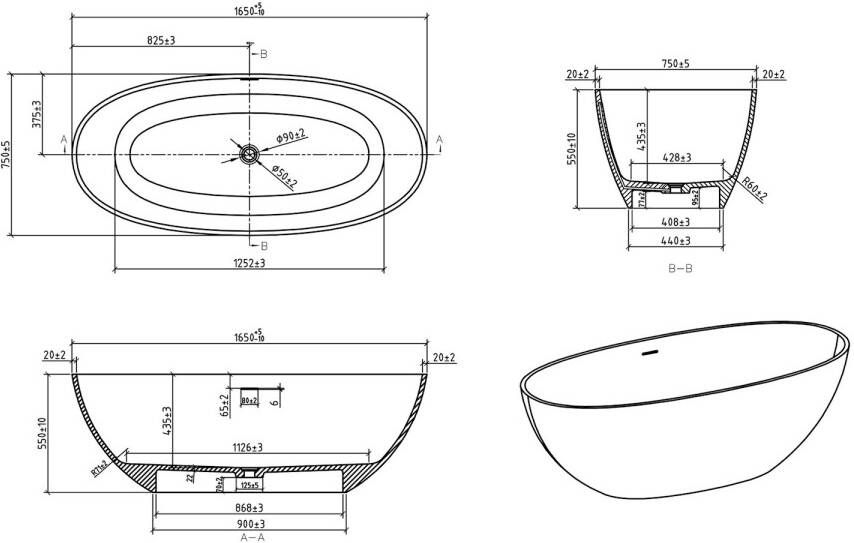 Wiesbaden Vrijstaand Ligbad Chiek 165x75 cm Solid Surface Mat Wit