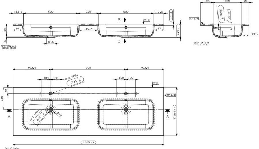 Ben Mello Wastafel mineraalmarmer 160x51x1 5cm 2 bakken Geen kraangaten Glans wit