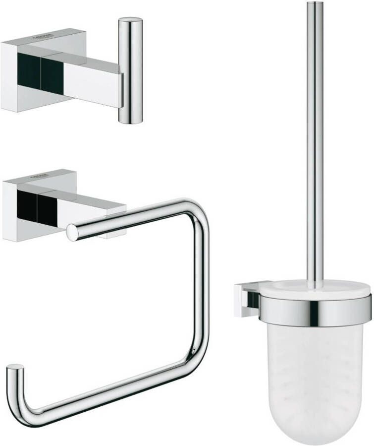 GROHE Essentials Cube accessoireset 3 in 1 toilet. Met closetrolhouder jashaak en closetborstelgarnituur. Kleur chroom.